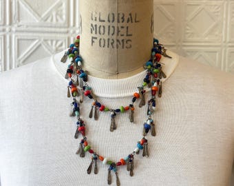 Vintage Confetti Murano Glass Bead Flapper Necklace with Tassels