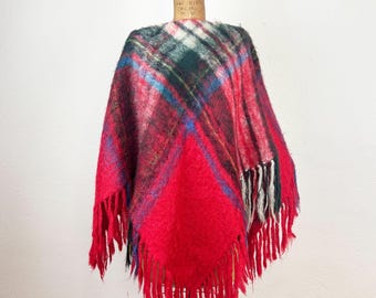 Vintage 60s 70s Cozy Red Tartan Mohair Poncho with Fringe