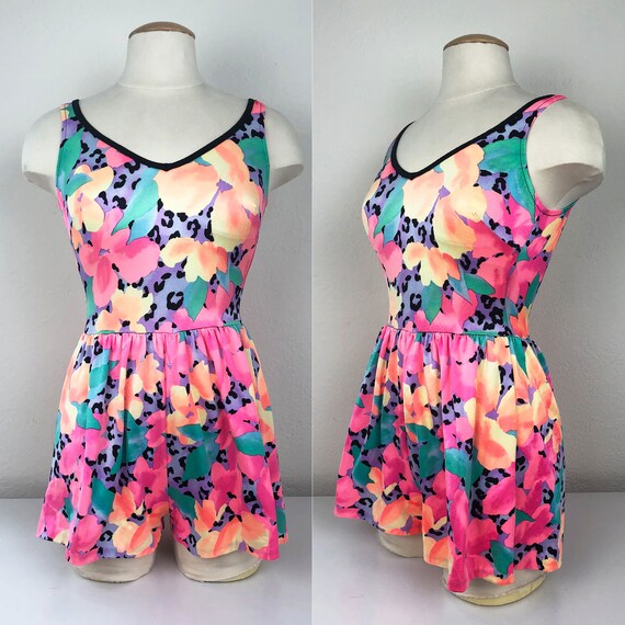 Vintage 80s Neon Leopard Print and Floral Swimsuit