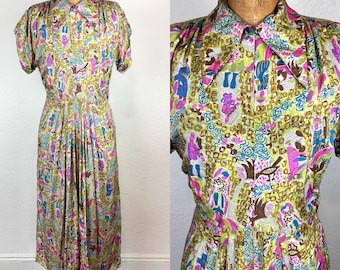 Vintage 1940s Rayon Dress Dagger Collar Exceptional Novelty Print 40s Textile Design