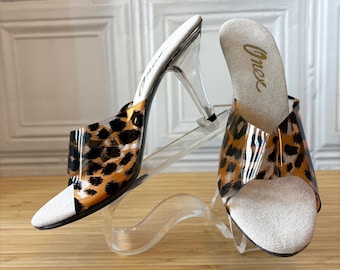 Vintage Late 70s Leopard Print Lucite Slide Sandals Shoes by Onex Pin Up Size 7