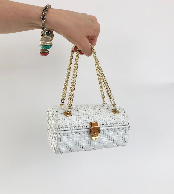 Vintage 60s White Wicker Box Purse Handbag Treasur