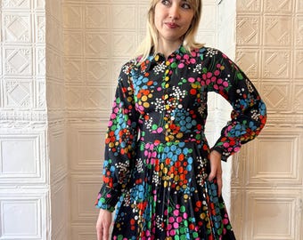 Vintage 1960s Mod Mini Dress Black and Multi Floral with Yellow Flower Buttons Ruffled Trim XS