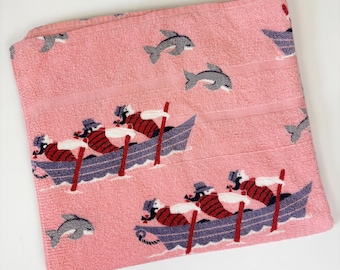 Vintage 1950s 1960s Nautical Theme Printed Beach Towel Dolphins Gondoliers Italian Venice