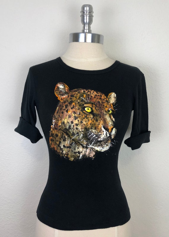 Vintage 70s Hand Painted Black T Shirt Portrait of
