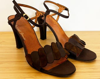 Vintage 1970s Dark Brown Satin and Suede Disco Heeled Sandals Margaret Jerrold/ 70s High Heels Ankle Straps 8N