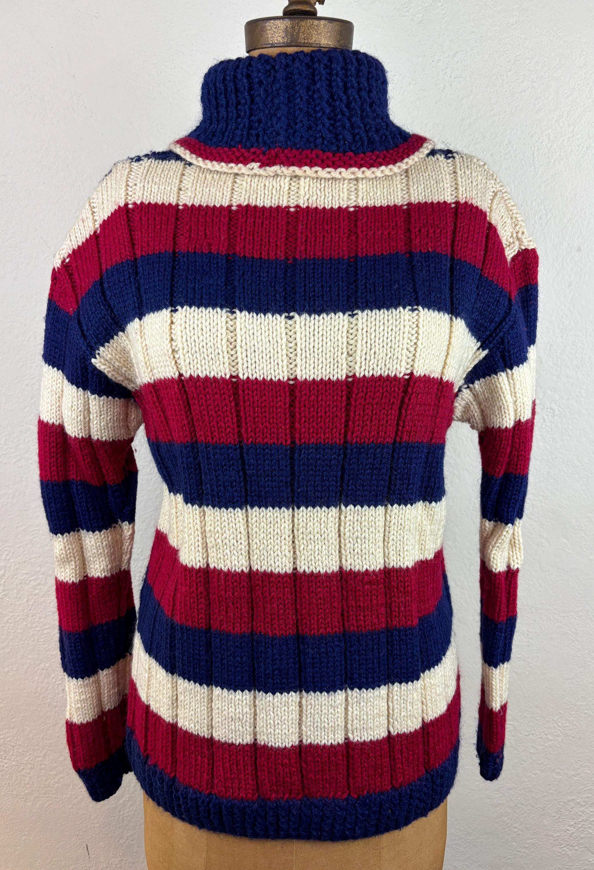 Vintage 1960s Hand Knit Striped Ribbed Turtleneck Sweater Wide
