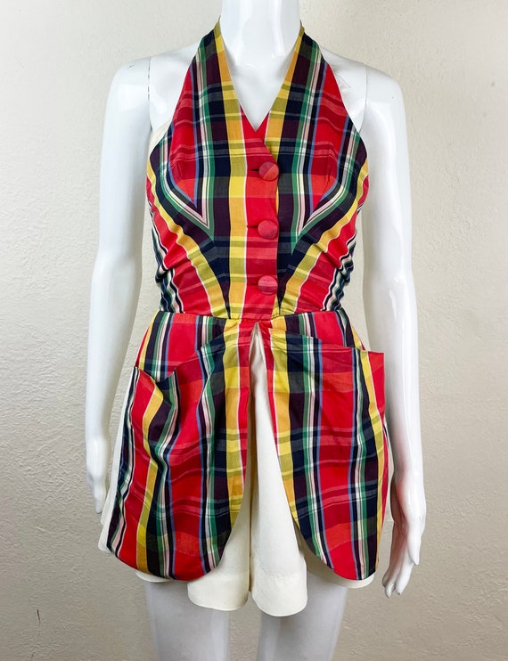 Sweet Vintage 1940s Red Plaid Playsuit with Giant… - image 3