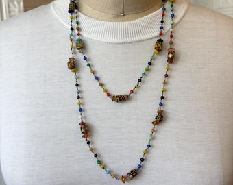 Vintage Confetti Murano Glass Flapper Necklace with Millefiori Beads
