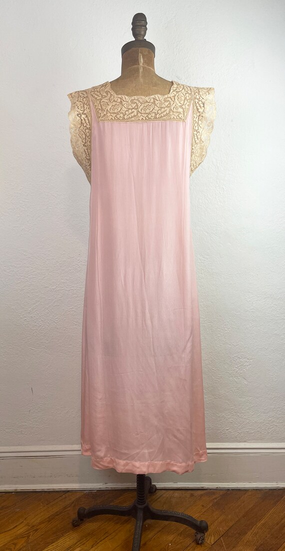 1920s vintage nightgown slip dress, canary yellow silk and pink lace shift dress