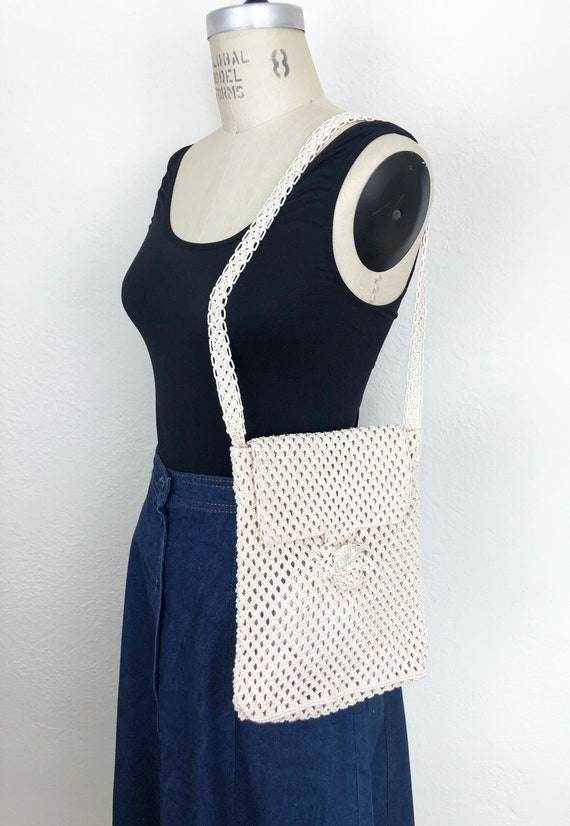 Vintage 70s White Macrame Shoulder Bag Handbag