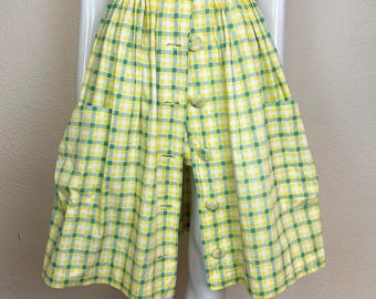 Vintage 1950s Yellow and Green Printed Plaid Shorts and Skirt Set Made in Italy XS