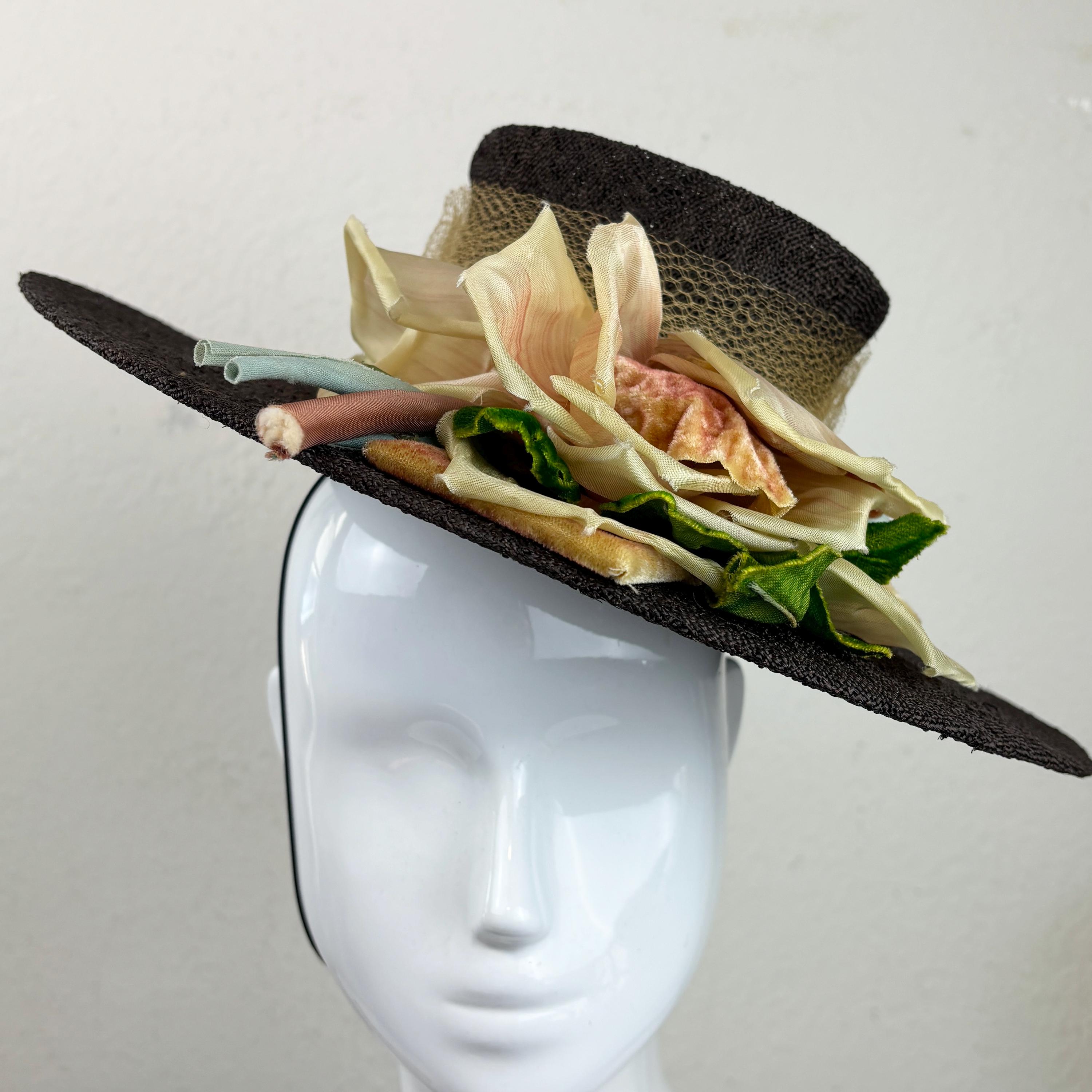 Vintage 1940s Brown Straw Hat With Large Flower/ 40s Percher Tilt 