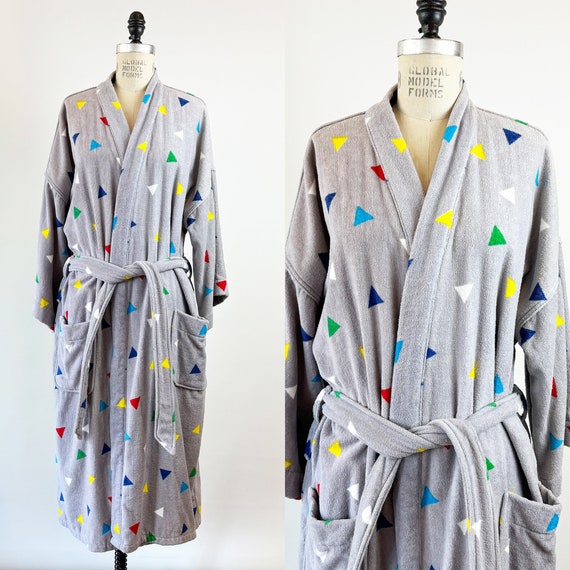 Vintage 70s 80s Pierre Cardin Cotton Terry Velour Bathrobe Grey Geometric Print/ Unisex Vintage Terrycloth Robe L