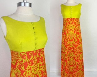 Vintage 1960s Lanz Original Empire Waist Summer Maxi Dress Orange and Green Preppy XS