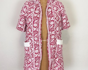 Vintage 50s Red Floral Cotton and Terrycloth Beach Swim Coverup Cabana Jacket Pockets S/M