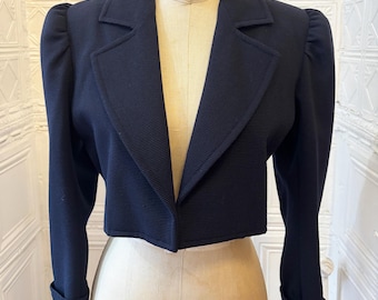 Vintage 1980s Cropped Navy Blue Wool Faille Jacket by Yves Saint Laurent Rive Gauche Paris