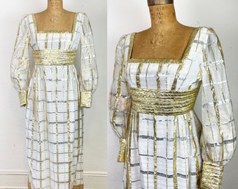Vintage 1960s 1970s Empire Waist Party Dress/ 60s 70s Silver and Gold Metallic Maxi Evening Gown