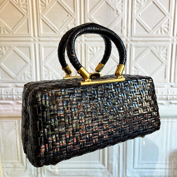 Vintage 60s Black Wicker Top Handle Satchel Handbag by Rodo Italy
