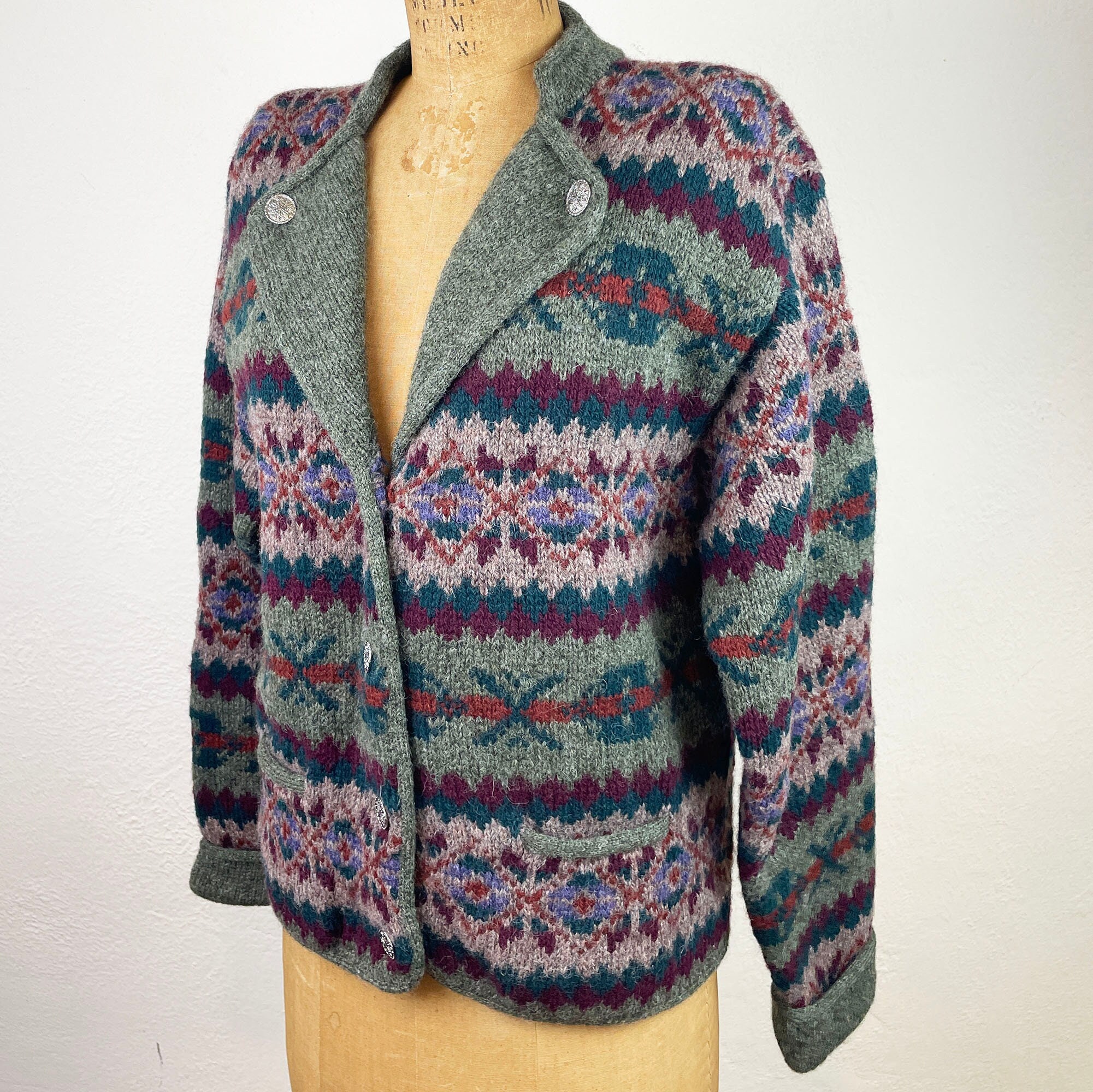 Vintage 1980s Ralph Lauren Fair Isle Knit Cardigan/ 80s Hand Knit 