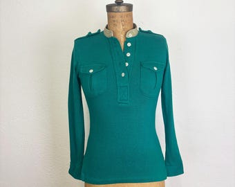 Vintage 70s Ralph Lauren Long Sleeved Green Cotton Knit Henley Shirt with Khaki Twill Accents Women XS