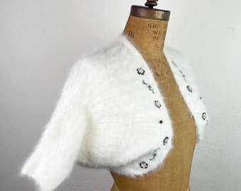 Vintage 50s White Angora Shrug with Sequin Floral Embellishments/ 1950s Ribbed Hand Knit Bolero