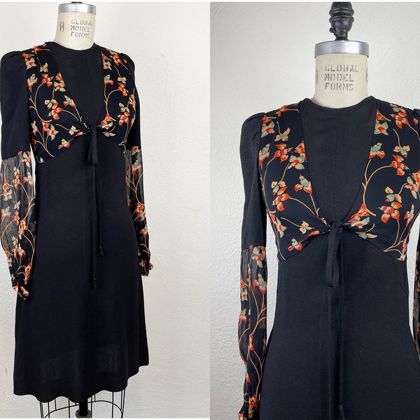 Vintage Late 1960s Designer Dress Radley London/60s Ossie Clark Era Moss Crepe Dress with Floral Chiffon 30s Inspired Made in England XS/S