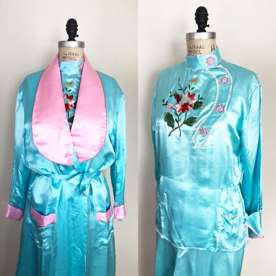Vintage 40s 50s Embroidered Silk Pajama Set with R