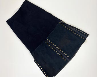 Vintage 70s Super Cool Navy Blue A-Line Suede Midi Skirt with Grommet Panels S