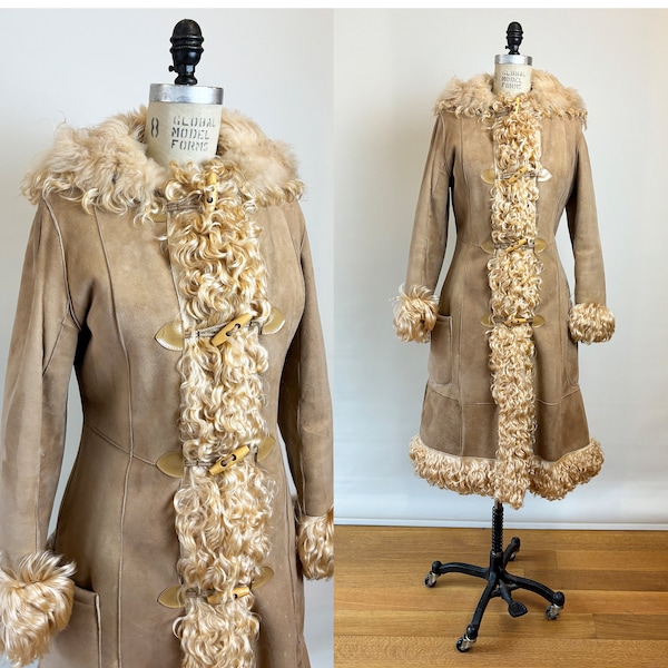 Vintage 1970s Shearling Penny Lane Coat with Curly Lamb Trim and Hood/ Amazing 70s Shearling Coat S