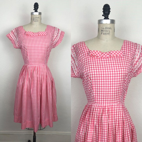 Vintage 1950s 50s Cotton Pink Gingham Day Dress Co
