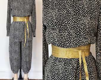 Vintage 1980s Hanae Mori Japan Tunic Harem Pants Set Two Piece Ensemble Lurex Metallic
