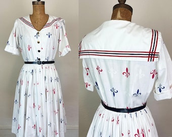 Vintage 50s 60s Shirtwaist Sailor Dress Fleur De Lis Motif Nautical French M
