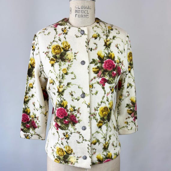 Vintage 1960s Printed Wool Cardigan Rose Floral Print 60s Chic Ladylike Sweater