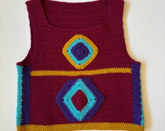 Vintage 70s Color Blocked Crocheted Vest Top Granny Squares Pot Holder S