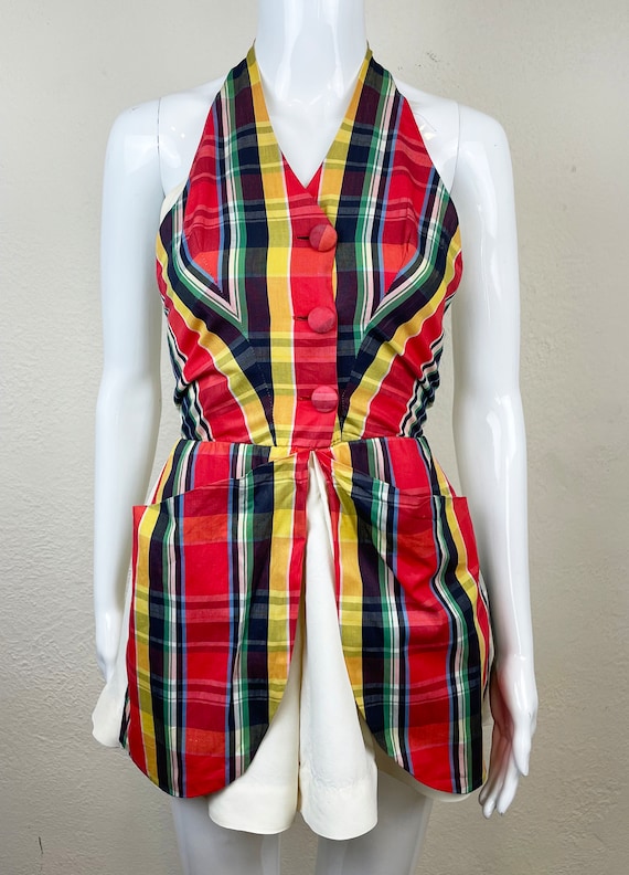 Sweet Vintage 1940s Red Plaid Playsuit with Giant… - image 4