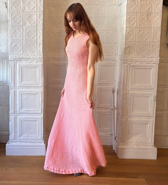 Vintage 1960s Pink Crochet Maxi Dress/ 60s Hand Made Pink