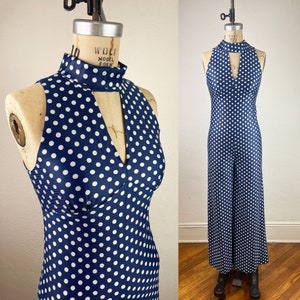 Vintage 70s Navy and White Polka Dot Palazzo Jumpsuit/ 1970s Mod Sleeveless Jumpsuit Wide Legged S