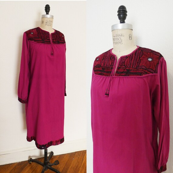 Vintage 70s Magenta Indian Cotton Dress with Embro