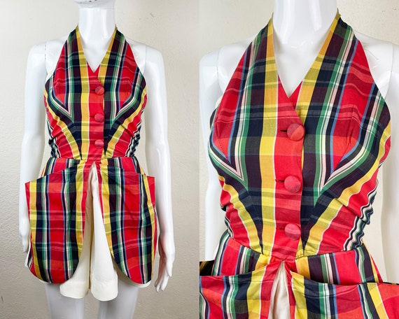 Sweet Vintage 1940s Red Plaid Playsuit with Giant… - image 1