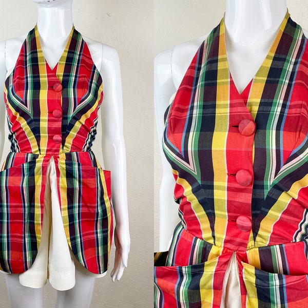 Sweet Vintage 1940s Red Plaid Playsuit with Giant Pockets/ Handmade 40s Halter Top Beach Romper  XS