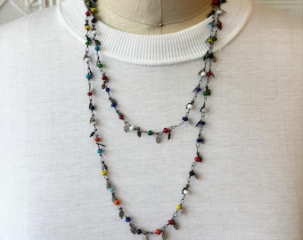 Vintage 20s 30s Deco Confetti Venetian Murano Glass Flapper Necklace with Leaf Accents