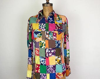 Vintage 70s Indian Cotton Patchwork Button Down Shirt Multicolor Batik Rajkumari S/M