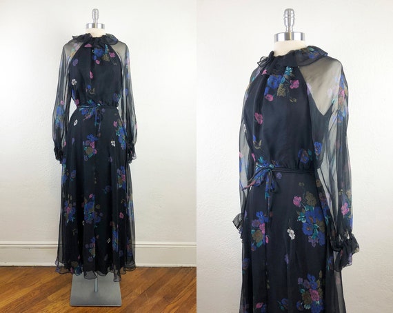 Vintage 70s Romantic Floaty Chiffon Black Floral Maxi Dress S | Etsy