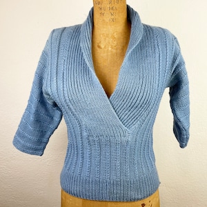 May include: A light blue knitted sweater with a deep V-neck and a ribbed texture.