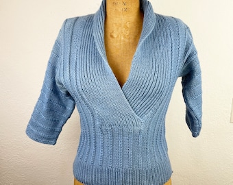 Vintage 40s/50s Hand Knit Sweater Medium Blue Wool Rib Knit/ Vintage 1940s 1950s Shawl Collar Sweater XS/S