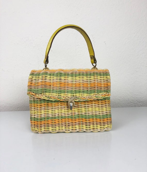 Vintage 60s Wicker Satchel Top Handle Handbag Yell