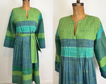 Vintage 70s Green and Blue Cotton Dress by Mando’s Acapulco Mexico Great Textile S/M