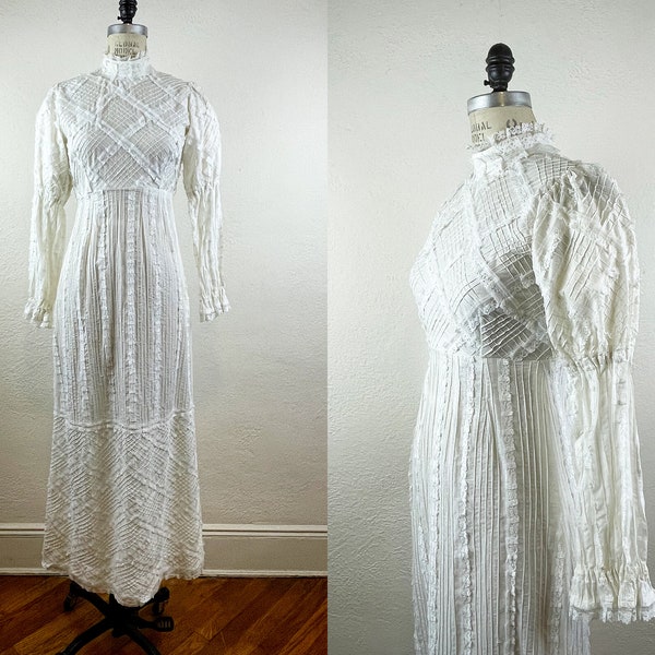 Vintage 1970s Mexican Wedding Dress Lace and Pintucks from Fred Leighton Store/ 70s Boho Wedding Dress Mexico S