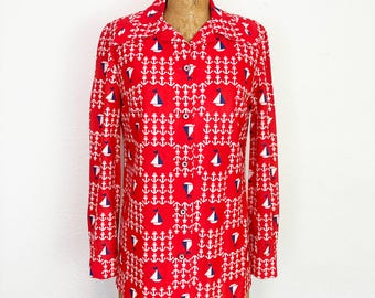 Vintage 70s Mod Nautical Print Sailboat Print Polyester Jersey Button Down Shirt M